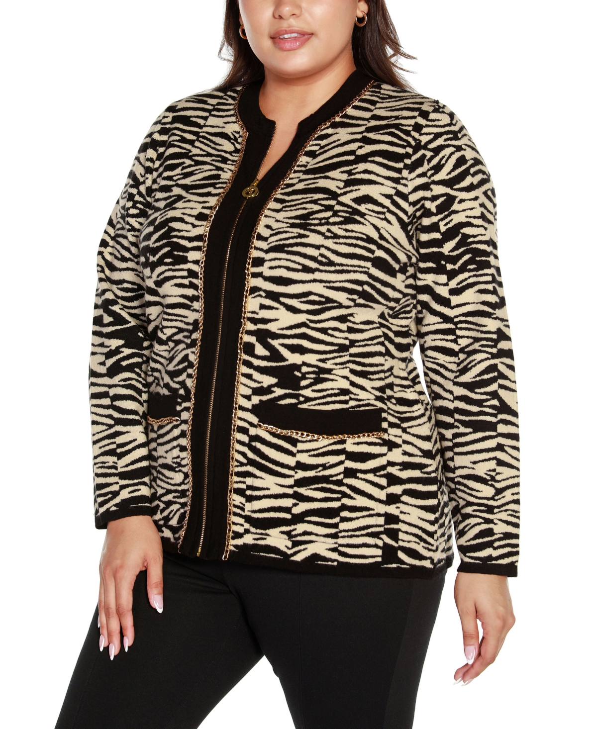BelldiniLabel Plus Size Zebra Jacquard Sweater Jacket - Black, Cream, Gold