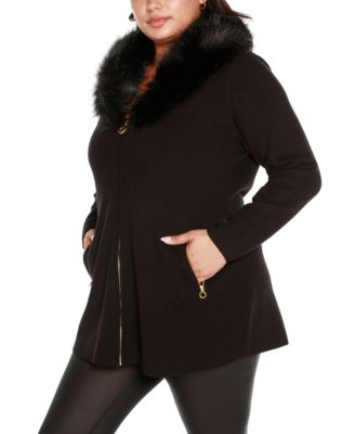 Black Label Plus Size Faux Fur Collar Cardigan