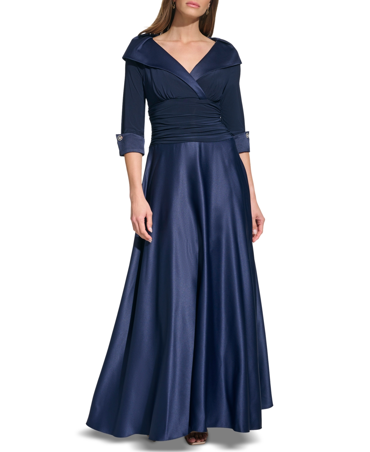 Women's Mixed-Media Ruched-Waist Gown - Navy