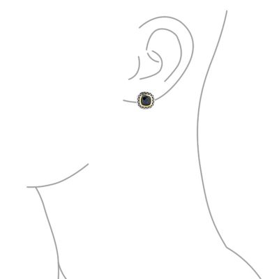 Black Onyx Cubic Zirconia Two Tone Square Cushion Omega Earrings For Women Gold Plated Rhodium Plated Brass