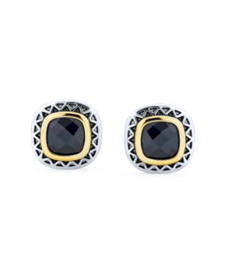 Black Onyx Cubic Zirconia Two Tone Square Cushion Omega Earrings For Women Gold Plated Rhodium Plated Brass