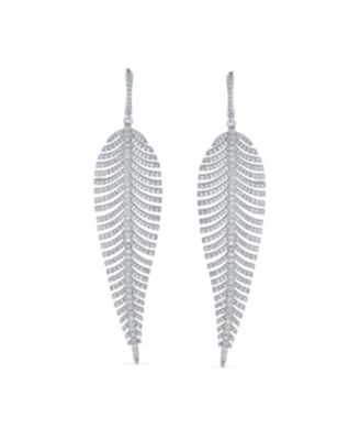 Modern Statement Large Long Linear Leaf Pave CZ Cubic Zirconia Chandelier Earrings Prom Rhodium Plated