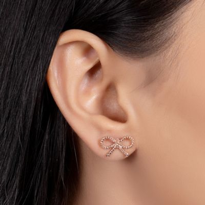 Simple Dainty Thin Twist Rope Cable Ribbon Bow Stud Earrings Rose Gold Plated .925 Sterling Silver