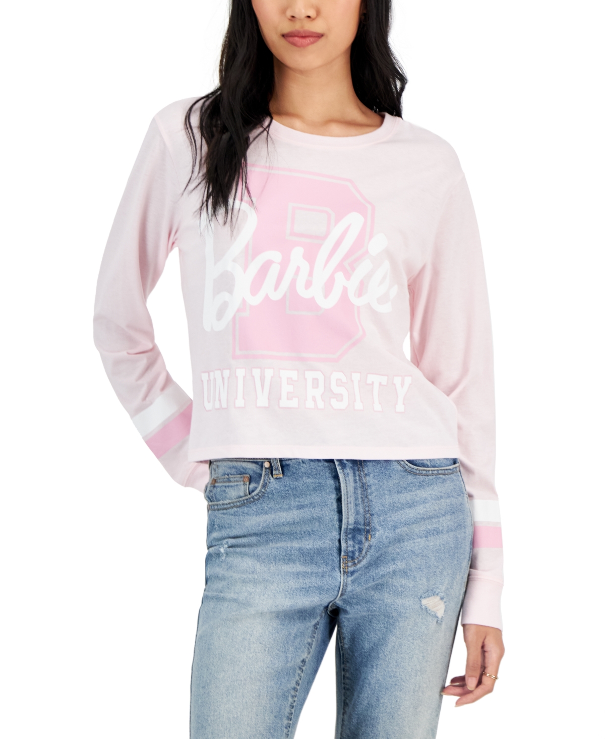 Love Tribe Juniors' Barbie University Graphic Print Long-sleeve T-shirt In Festival Bloom