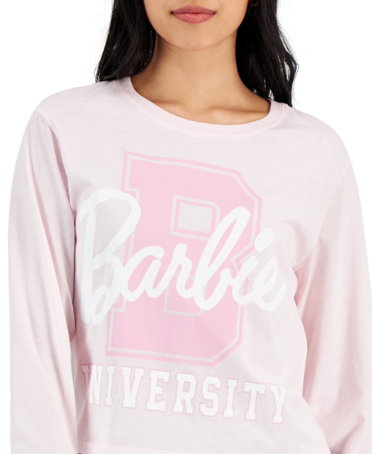 Shop Love Tribe Juniors' Barbie University Graphic Print Long-sleeve T-shirt In Festival Bloom