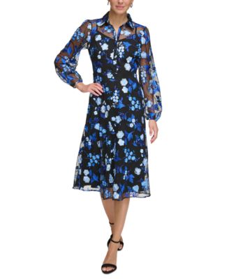 kensie - Women's Embroidered-Floral Mesh Shirt Dress