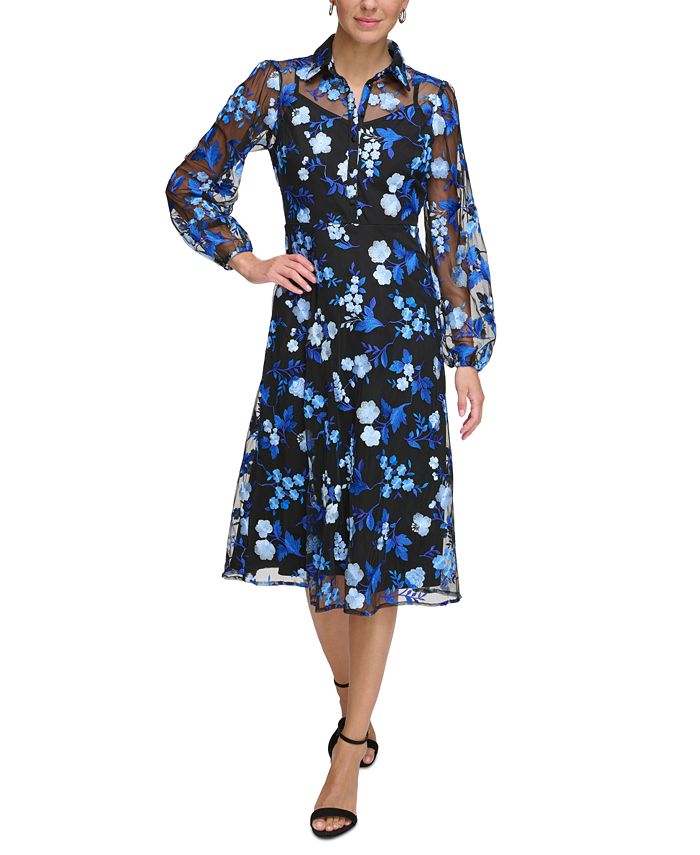 kensie Women's Embroidered-Floral Mesh Shirt Dress - Macy's