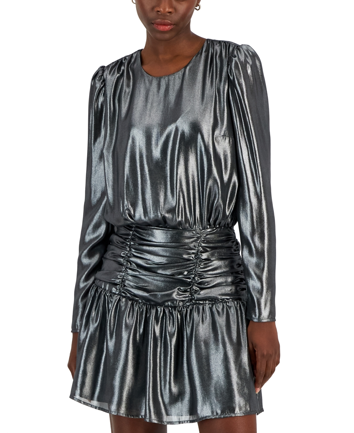 Shop Bar Iii Women's Metallic Lame Blouson Mini Dress, Created For Macy's In Silver