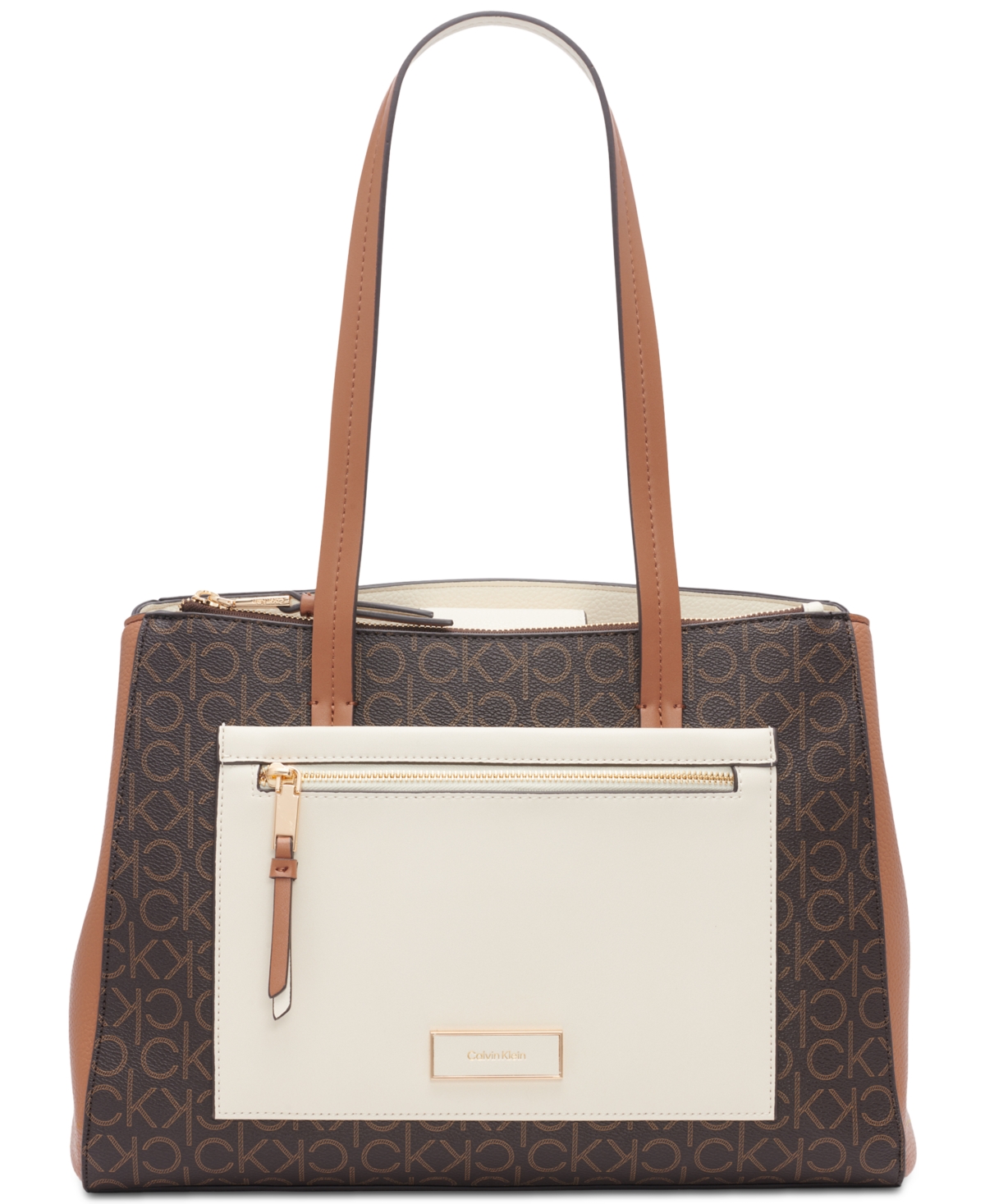 Hadley Signature Colorblocked Triple Compartment Tote -Caramel/White