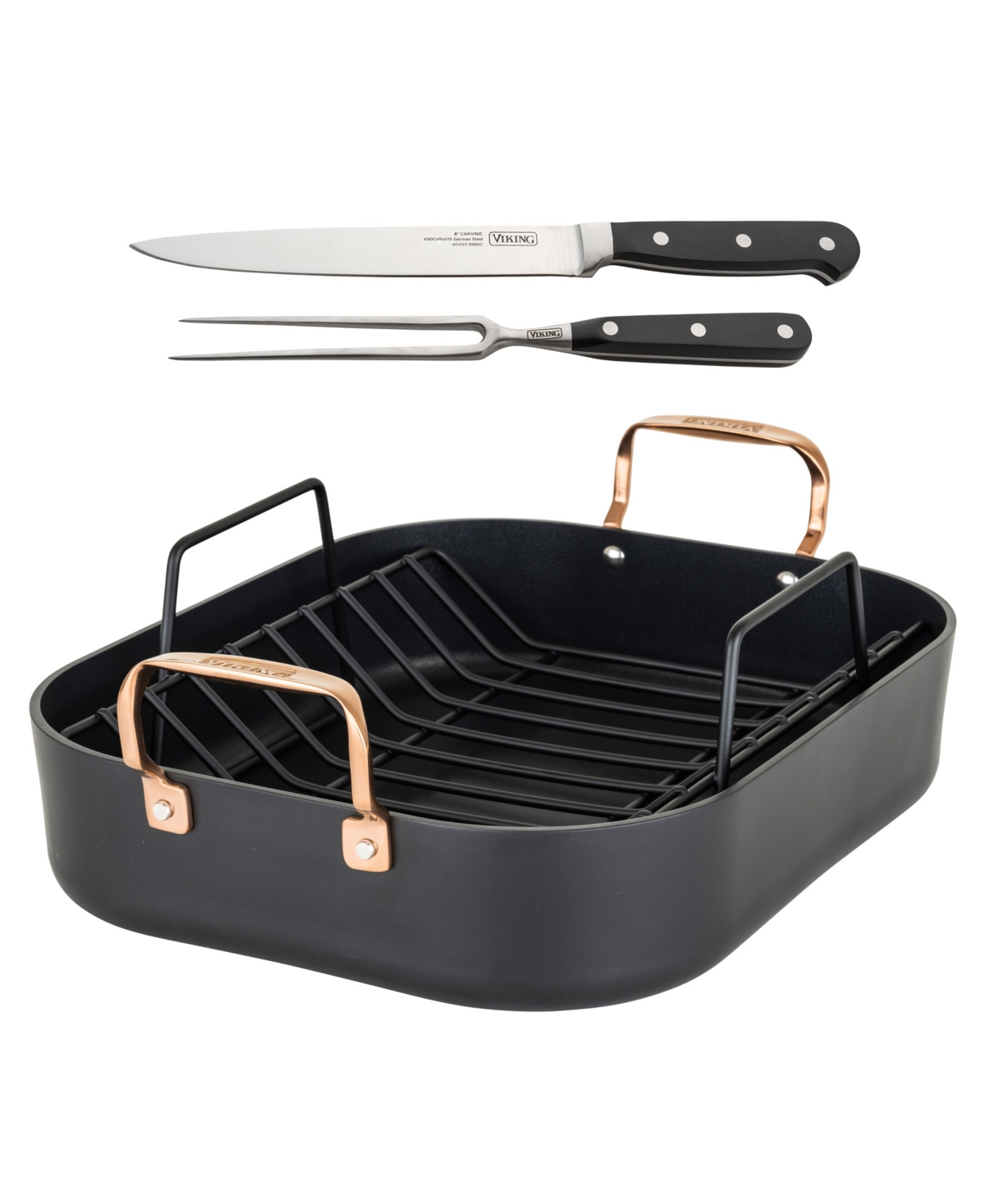 Viking Hard Anodized Non-stick Roaster With Rack And Carving Set, Copper Handles In Dark Gray