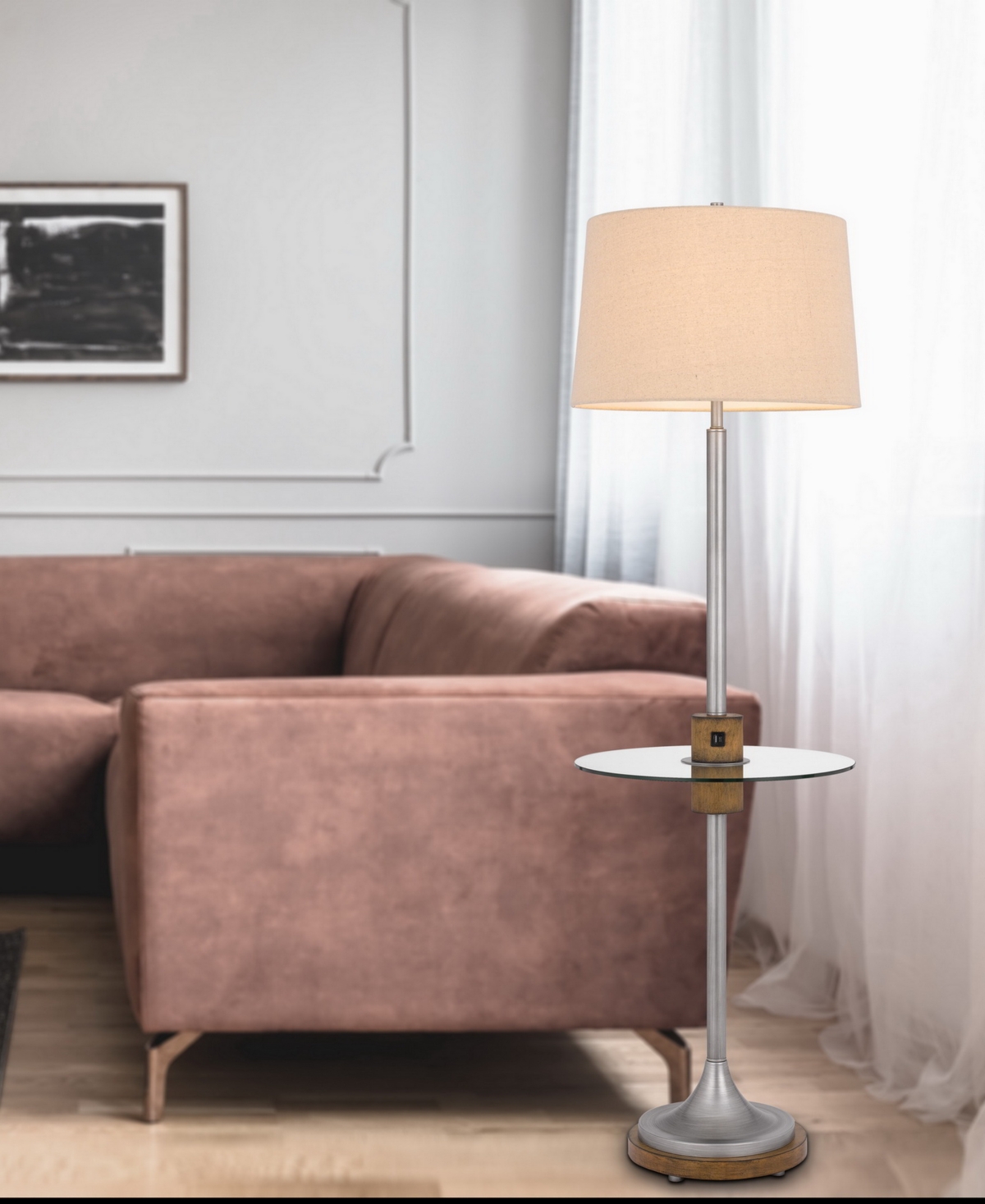 Height Floor Lamp with Glass Tray and Wood Accents - Wood