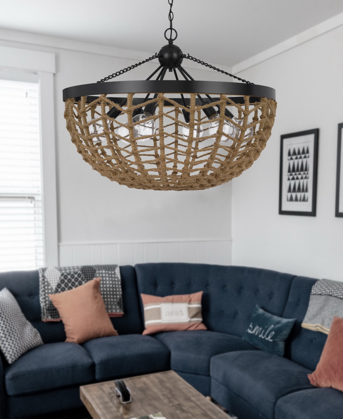Cal Lighting Lillington 6 Light 24" Height Metal Pendant In Burlap,black