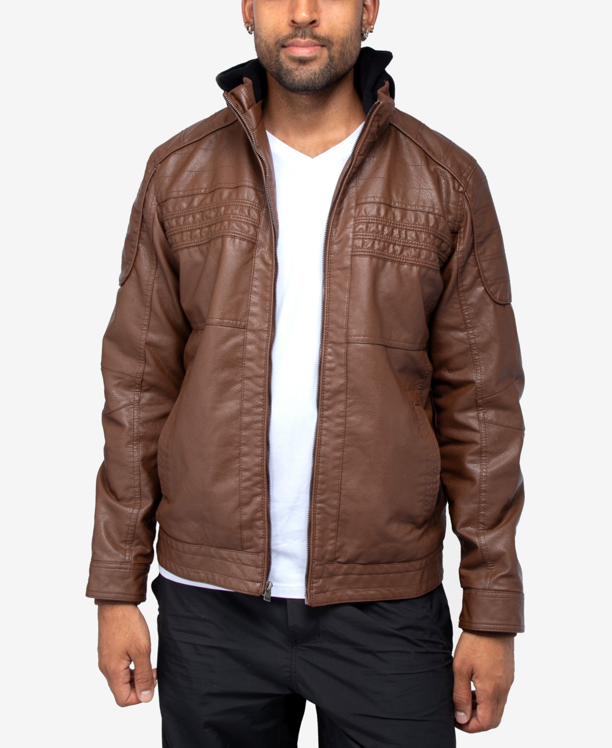Shop X-ray Men's Grainy Polyurethane Leather Hooded Jacket With Faux Shearling Lining In Dark Amber