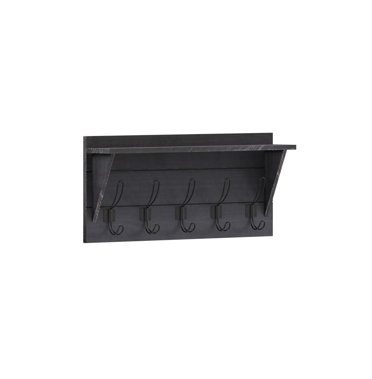 Enid Pine Wood 24 Inch Wall Mount Storage Rack With 5 Hanging Hooks And Upper Display Shelf - Black wash