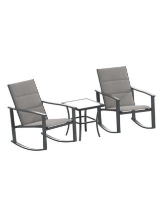 Brevyn 3 Piece Outdoor Bistro Set With Flex Comfort Rocking Chairs And Steel Framed Glass Top Table