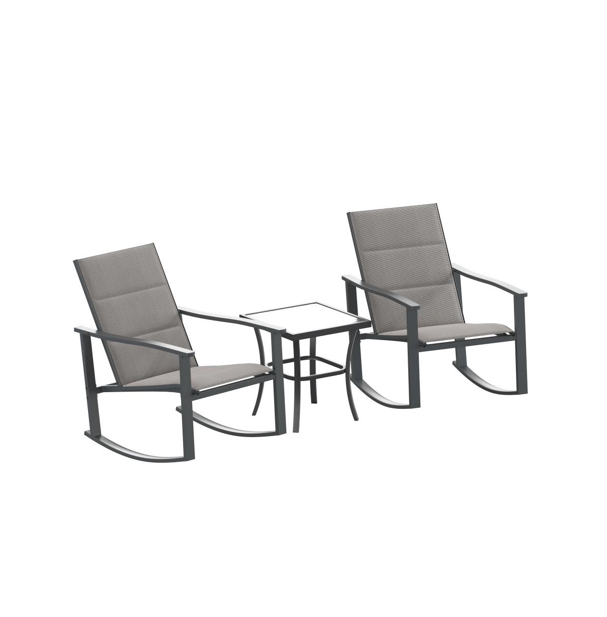Brevyn 3 Piece Outdoor Bistro Set With Flex Comfort Rocking Chairs And Steel Framed Glass Top Table -black