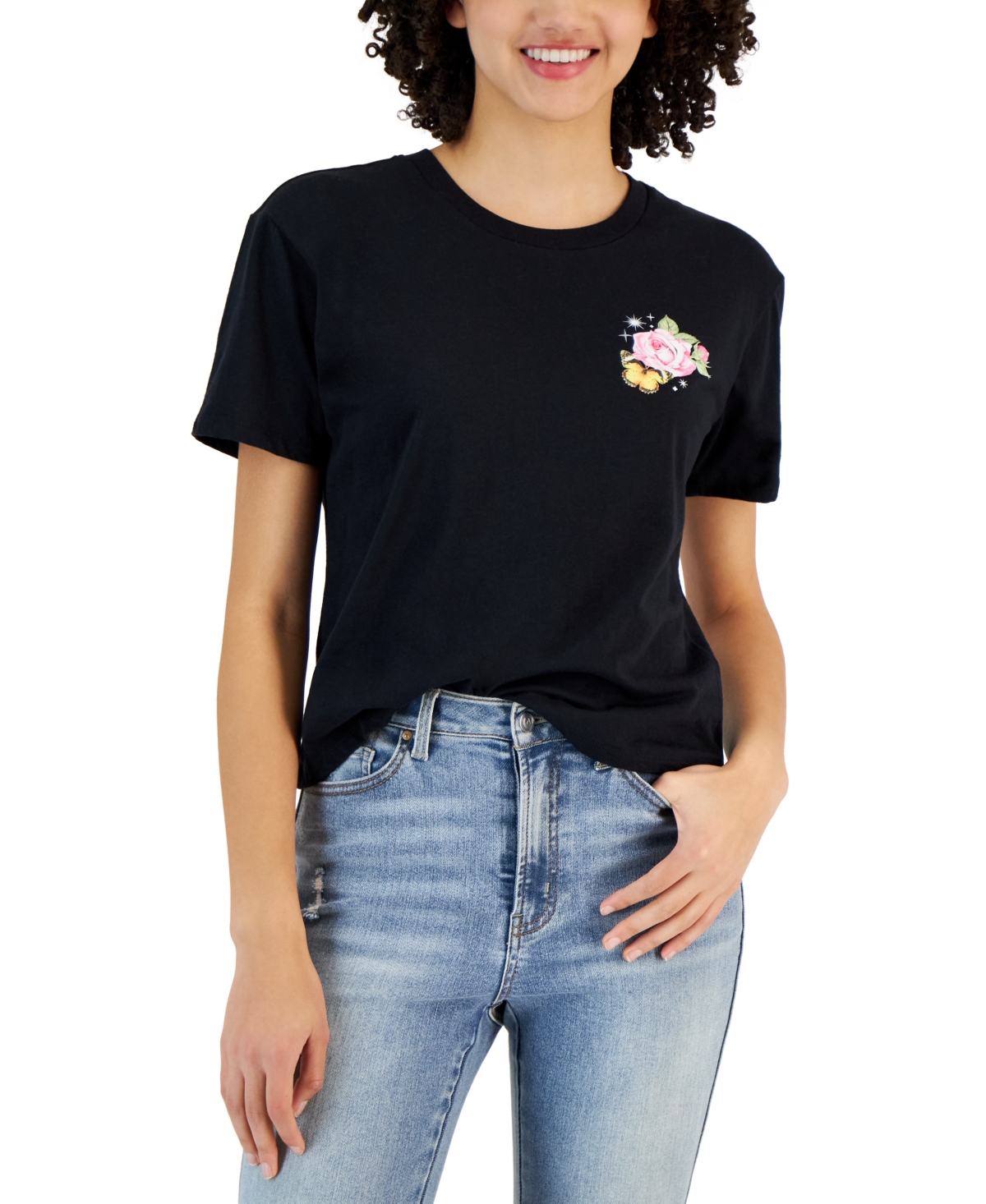 Juniors' Short-Sleeve Crewneck Rose Graphic T-Shirt - Black