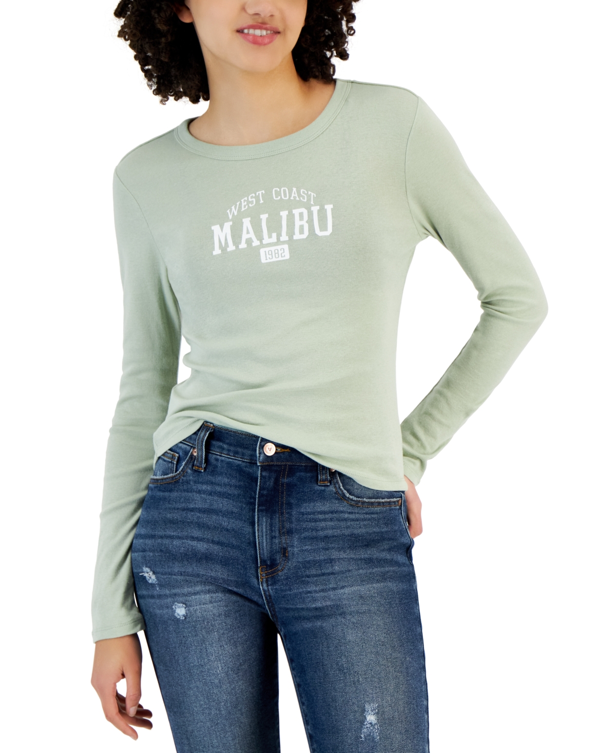 Juniors' Long-Sleeve Crewneck Malibu Graphic T-Shirt - Desrt Sage
