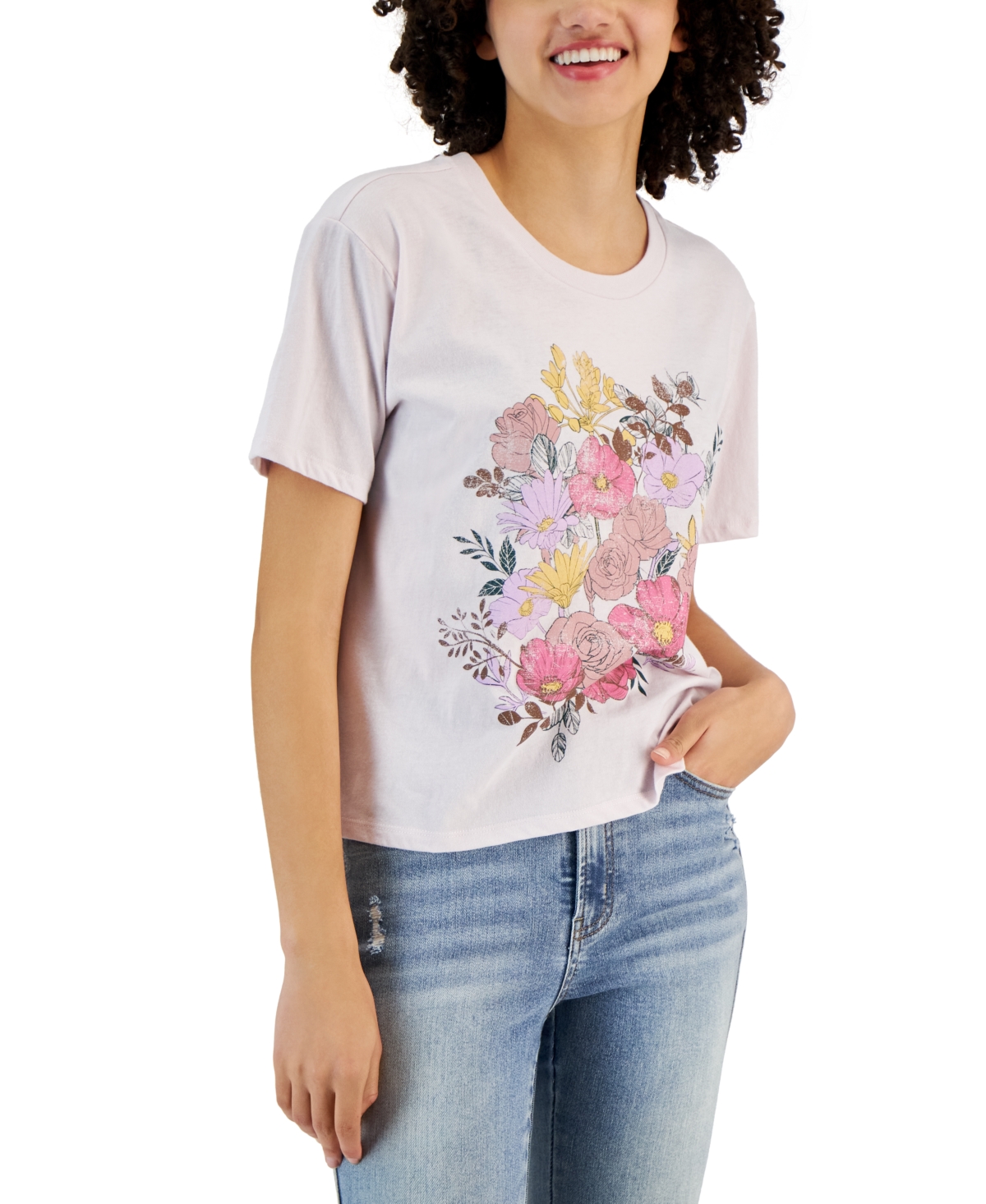 Rebellious One Juniors' Short-sleeve Floral Graphic T-shirt In Orchid Ice