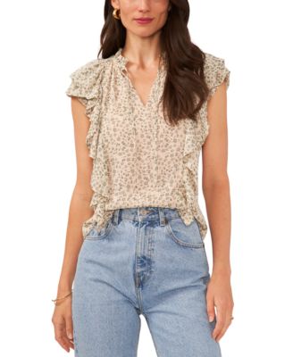 1.STATE - Women's Floral-Print Flutter-Sleeve Tie-Neck Blouse