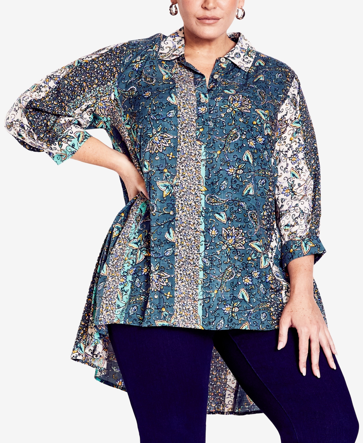 Avenue Plus Size Athena Print Collared Neck Blouse Top In First Blush