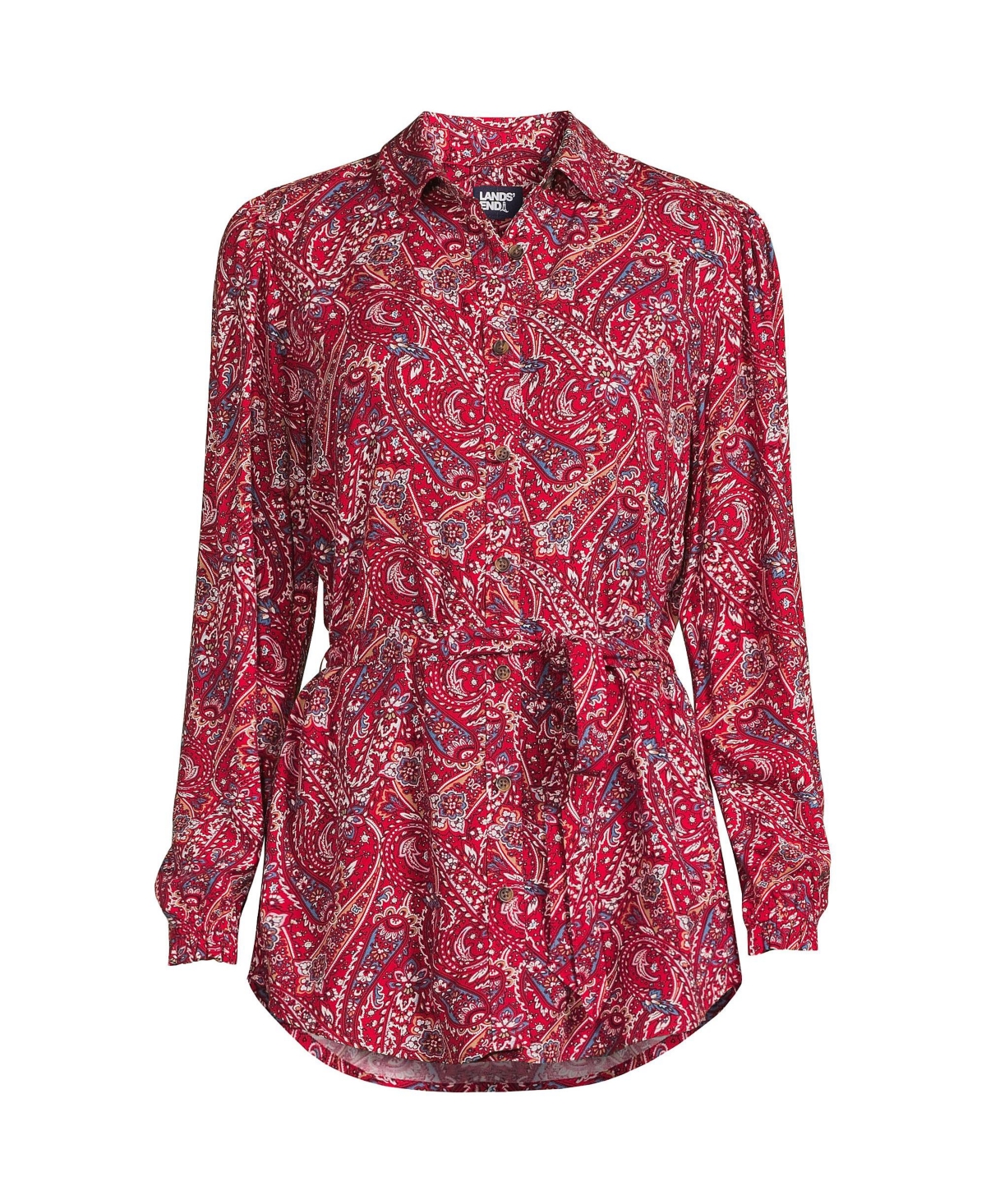 Women's Plus Size Rayon Tie Waist Shirt - Rich red swirl paisley