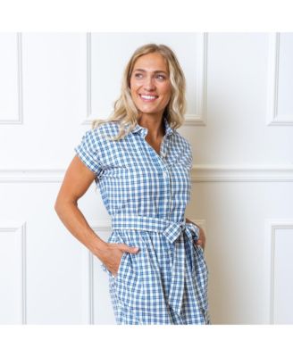 Women's Short Sleeve Button Front Tiered Midi Dress with Waist Sash