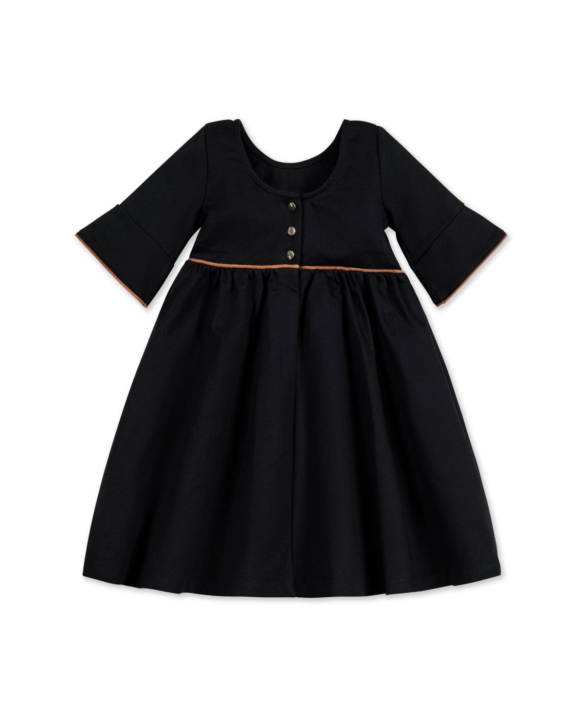 Hope & Henry Big Girls Ruffle Sleeve Ponte Dress with Suede Detail - Black with suede piping