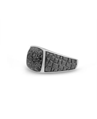 Fossil Agate Gemstone Sterling Silver Men Signet Ring in Black Rhodium