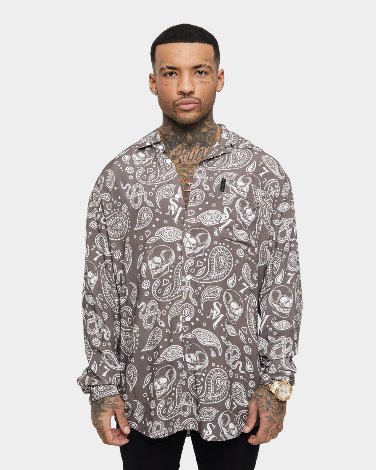 Saint Morta Men's Paisley Skulls Long Sleeve Button Up Shirt