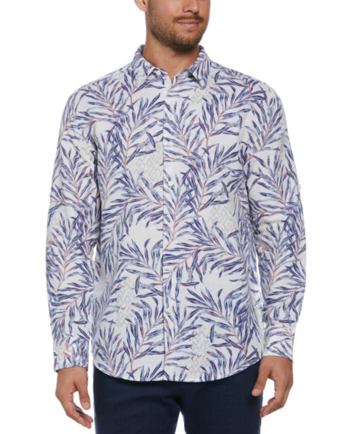 Cubavera Men's Long Sleeve Button Front Leaf Print Linen Blend Shirt In Brilliant