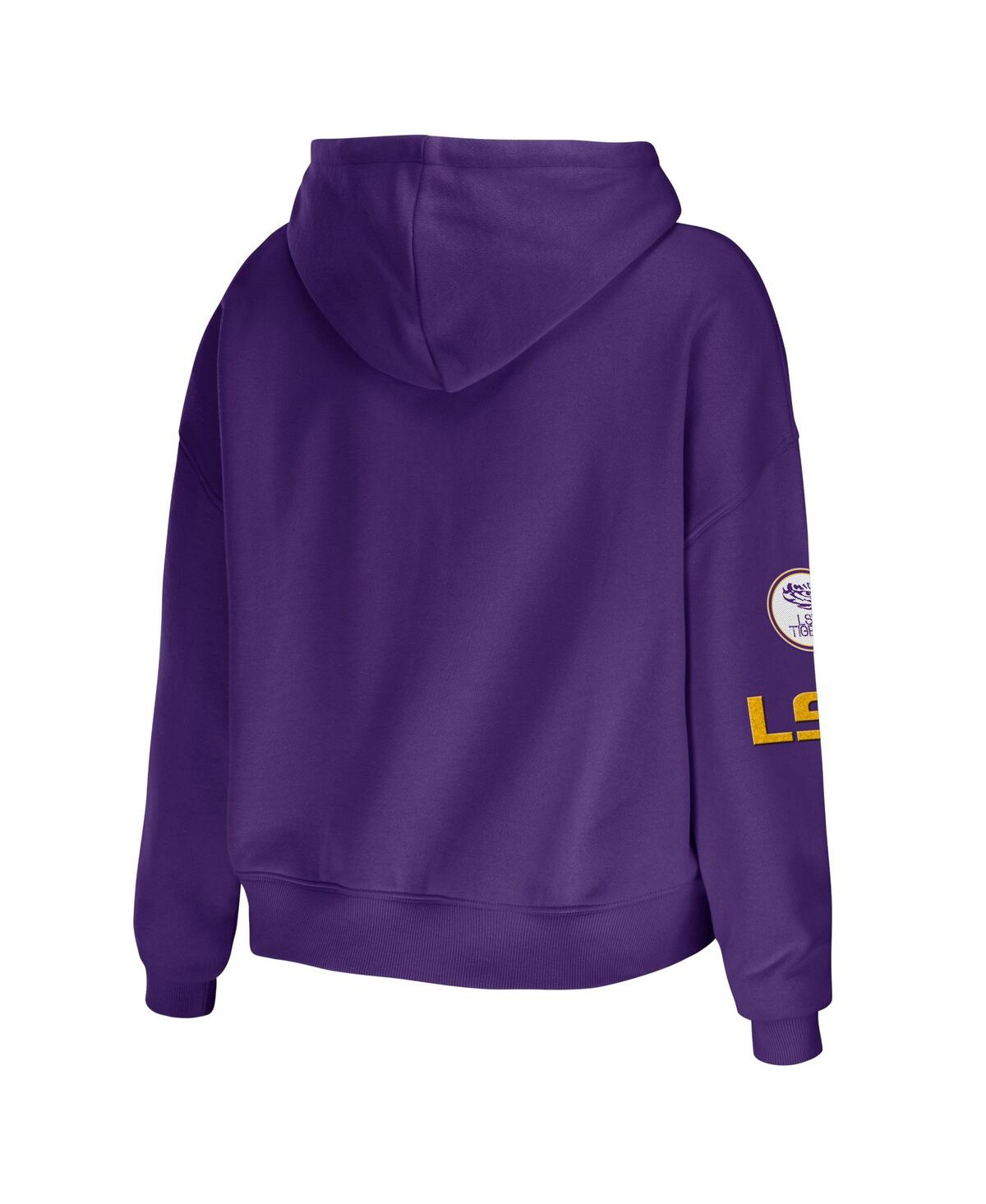 Shop Wear By Erin Andrews Women's  Purple Lsu Tigers Mixed Media Cropped Pullover Hoodie