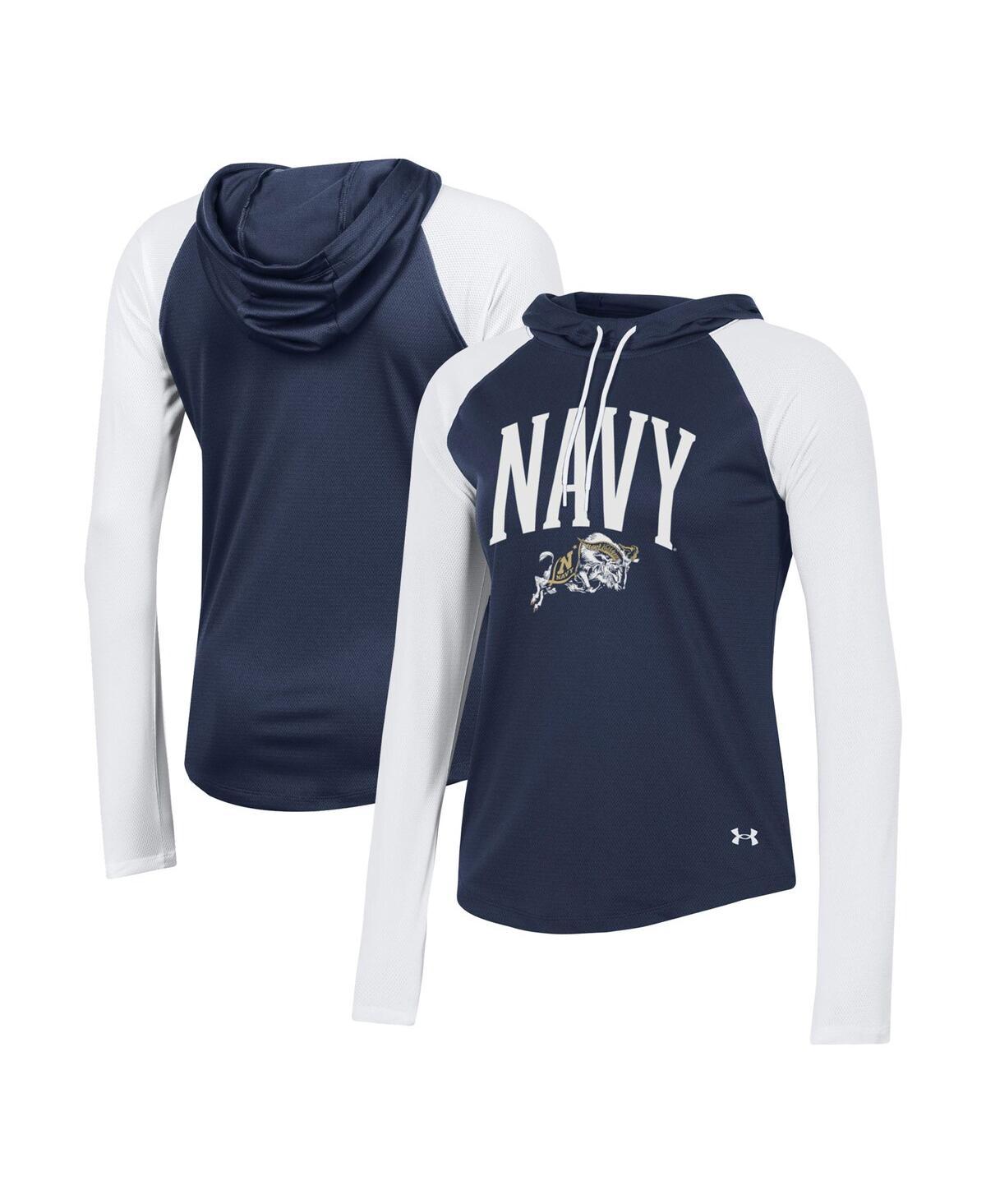 Shop Under Armour Women's  Navy Navy Midshipmen Gameday Mesh Performance Raglan Hooded Long Sleeve T-shirt