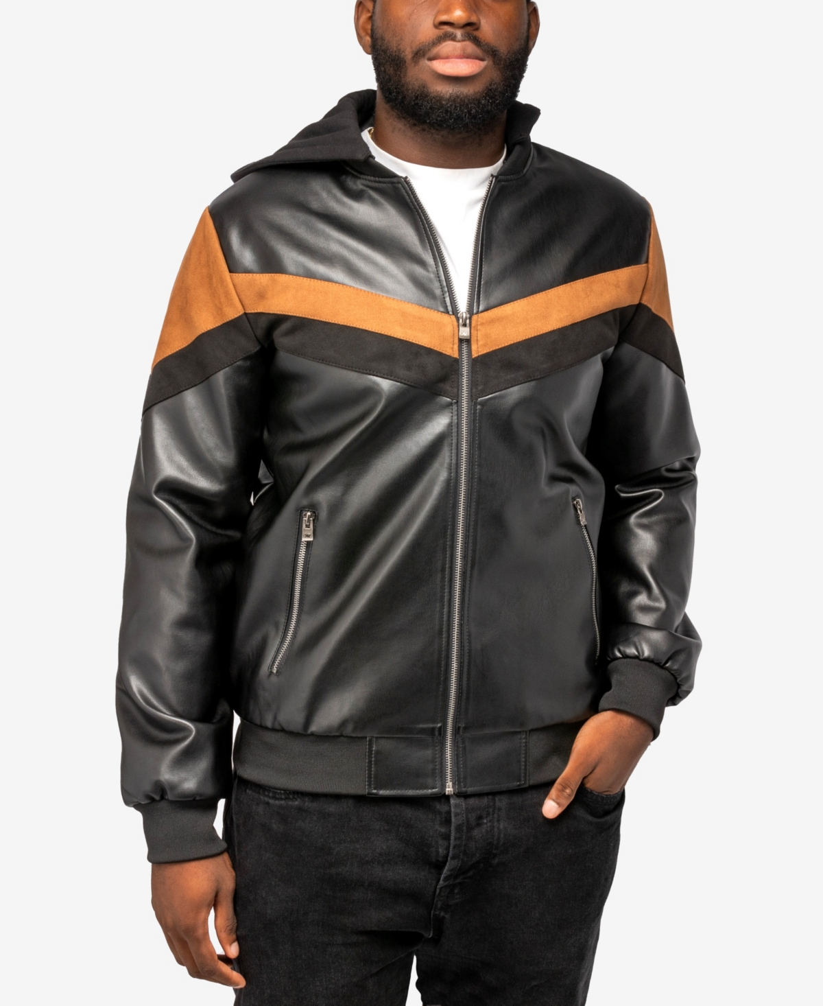 X-ray Men's Shiny Polyurethane And Faux Suede Detailing With Faux Shearling Lining Hooded Jacket In Black,brown