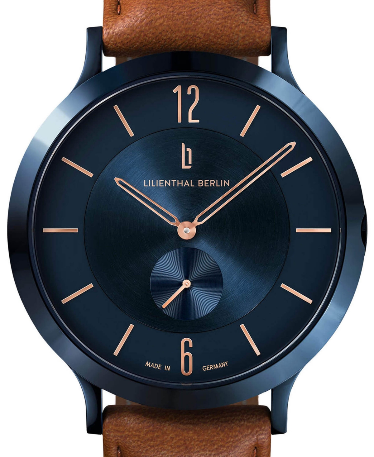 LILIENTHAL BERLIN MEN'S THE CLASSIC BLUE ROSE GOLD BROWN LEATHER WATCH 42MM 