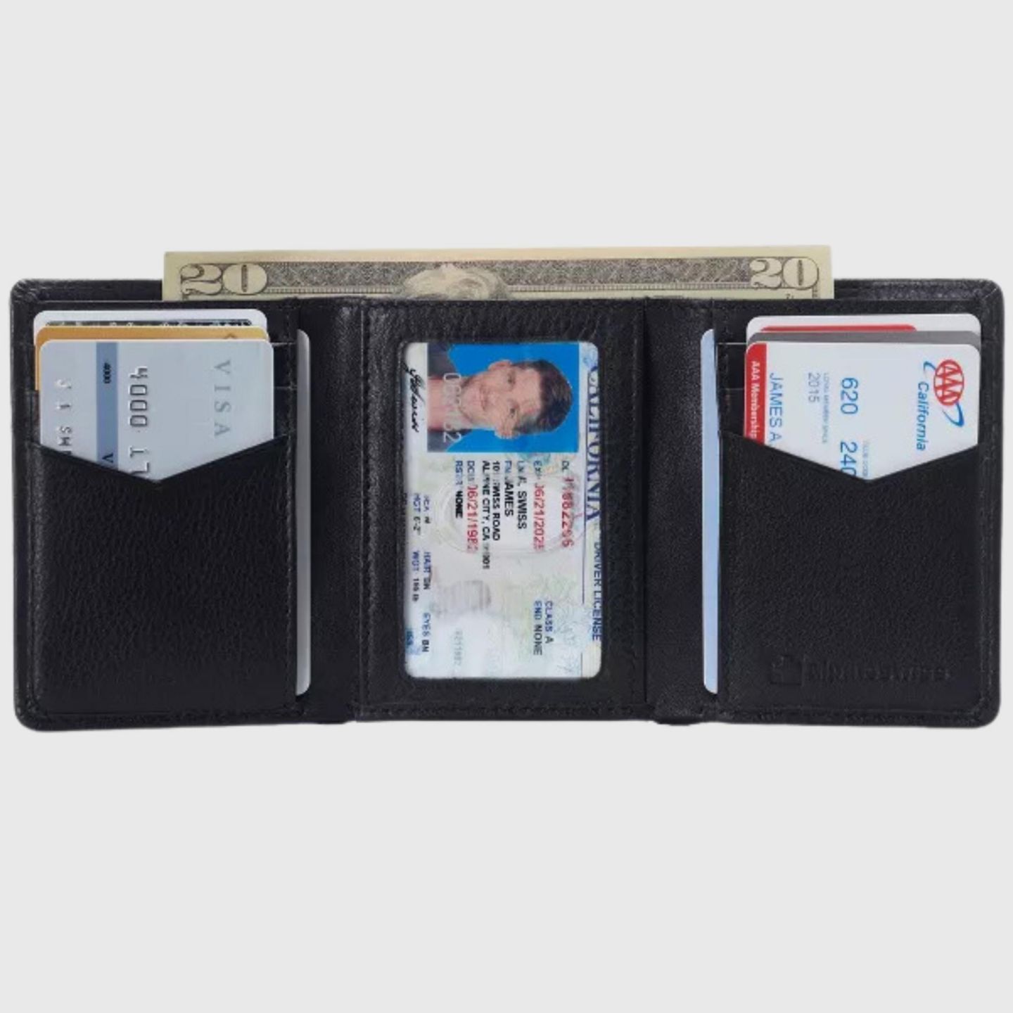 Мужской кошелёк Alpine Swiss Leon Trifold Wallet RFID Safe Bifold Genuine Leather ID Window, цвет: Чёрный — фото 2