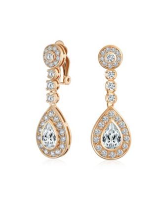 Art Deco Style Cubic Zirconia CZ Statement Teardrop Chandelier Clip On Dangle Earrings