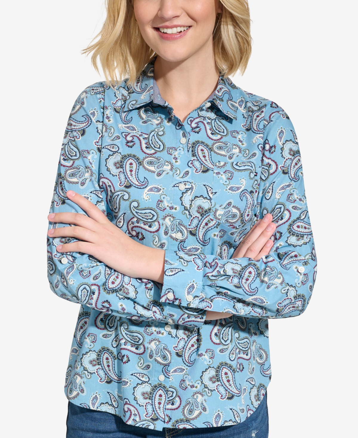Tommy Hilfiger Women's Paisley Print Button Down Cotton Top In Blue Haven ml