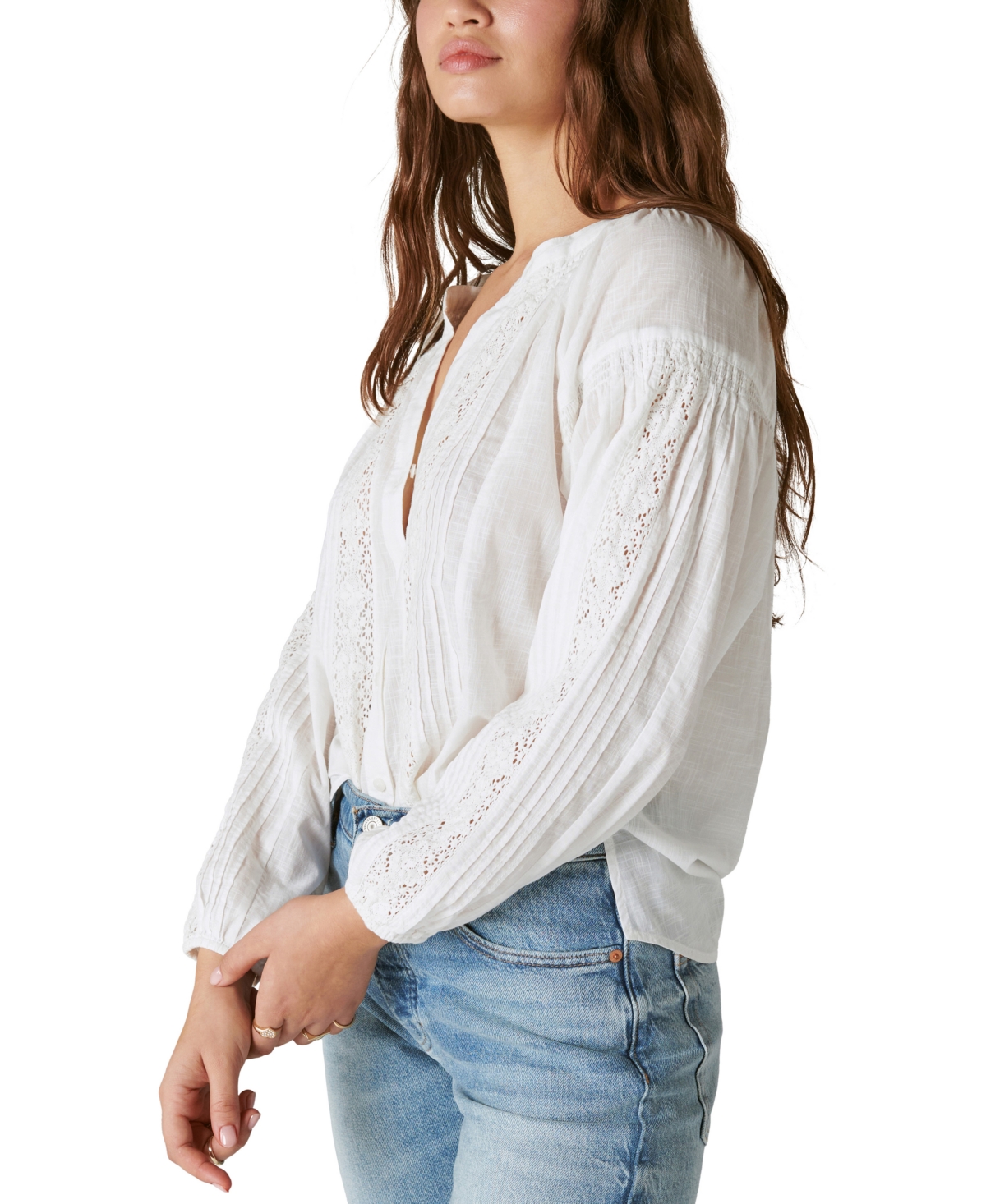Lucky Brand Women's Relaxed Lace Open Neck Shirt, Bright White, X