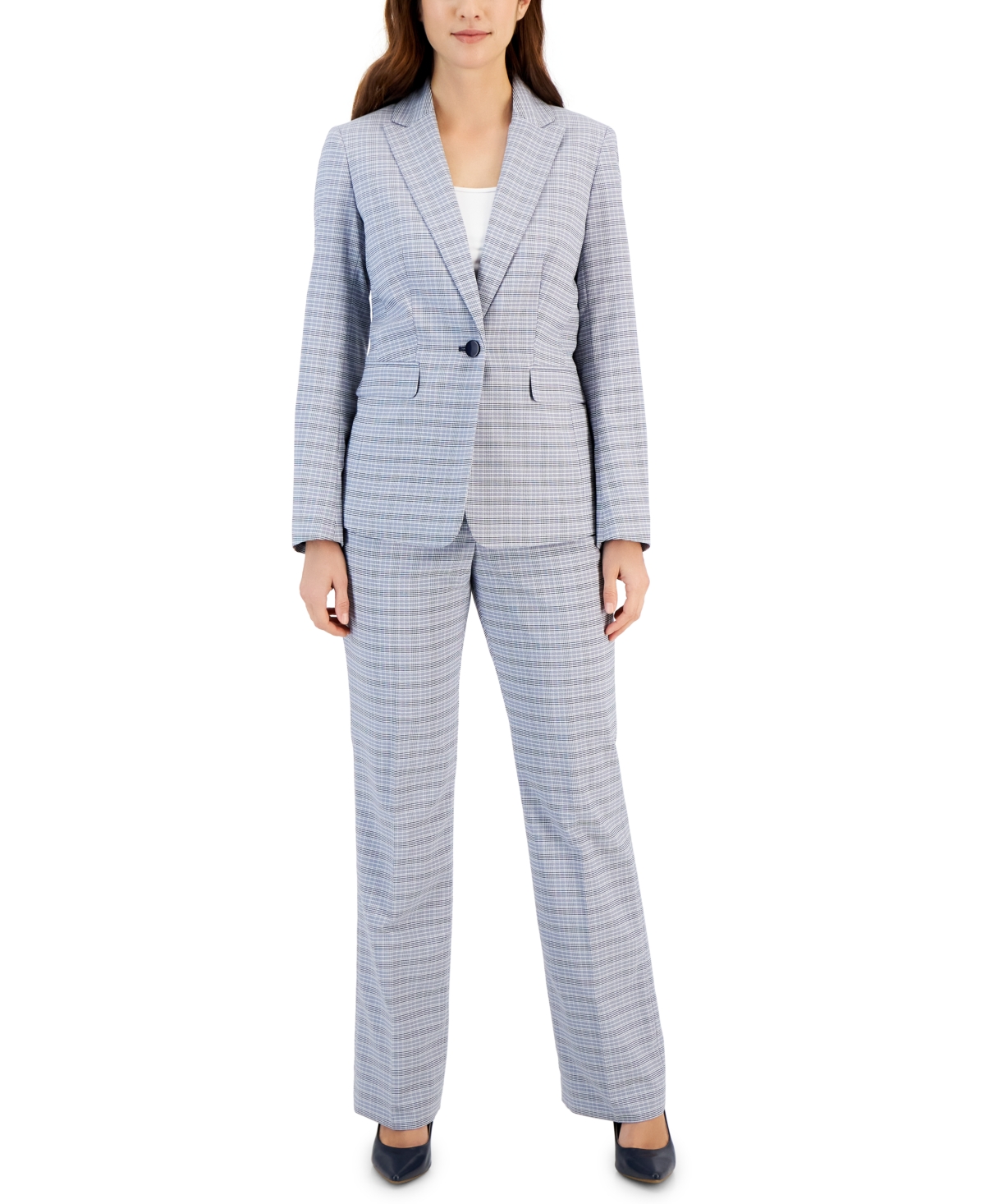 Women's Plaid Pant Suit, Regular & Petite - White/Midnight Navy
