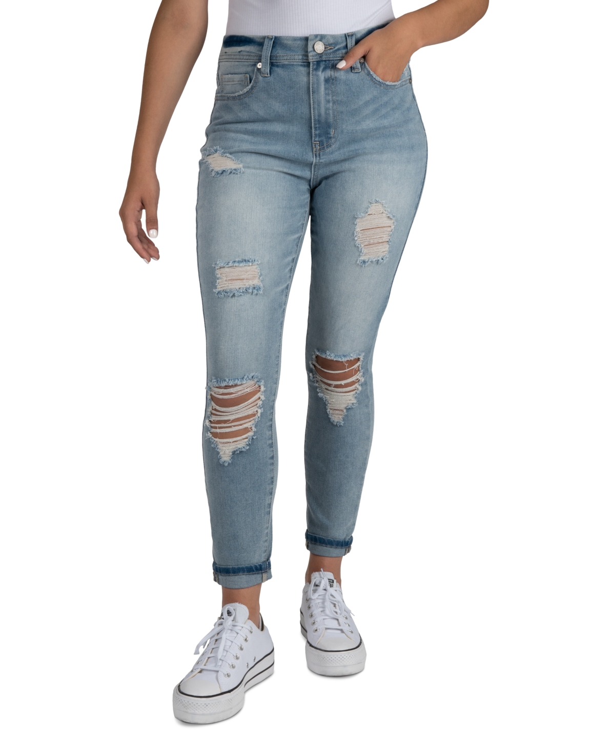 Juniors' High-Rise Ripped Skinny Jeans - Light Blue
