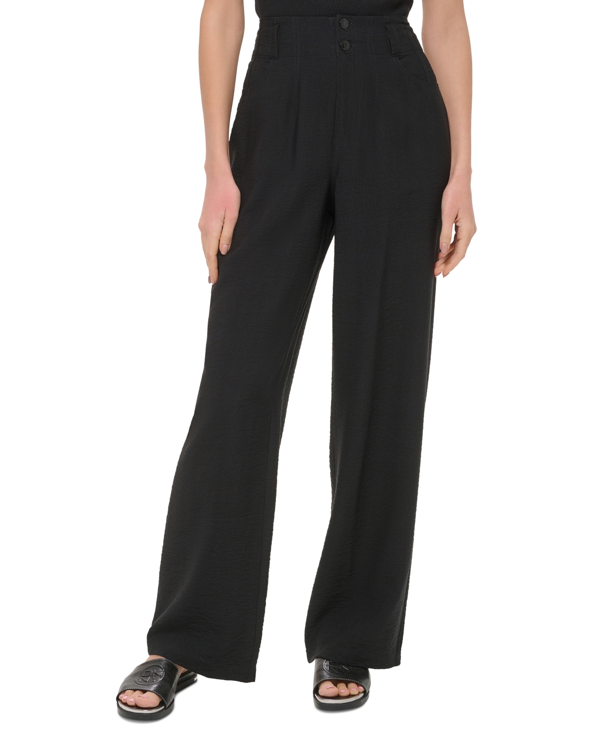 Women's Top-Stitched Crinkle Trousers - Black