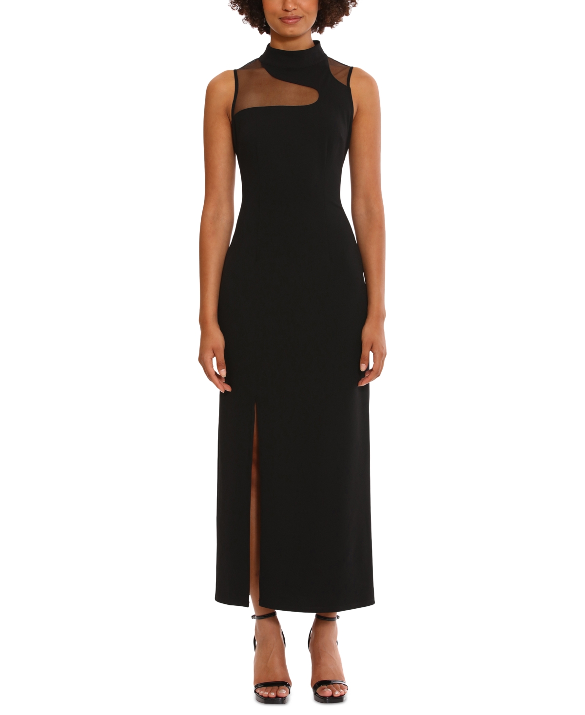 Shop Donna Morgan Women's Mock-neck Sleeveless Slit-front Dress In Black