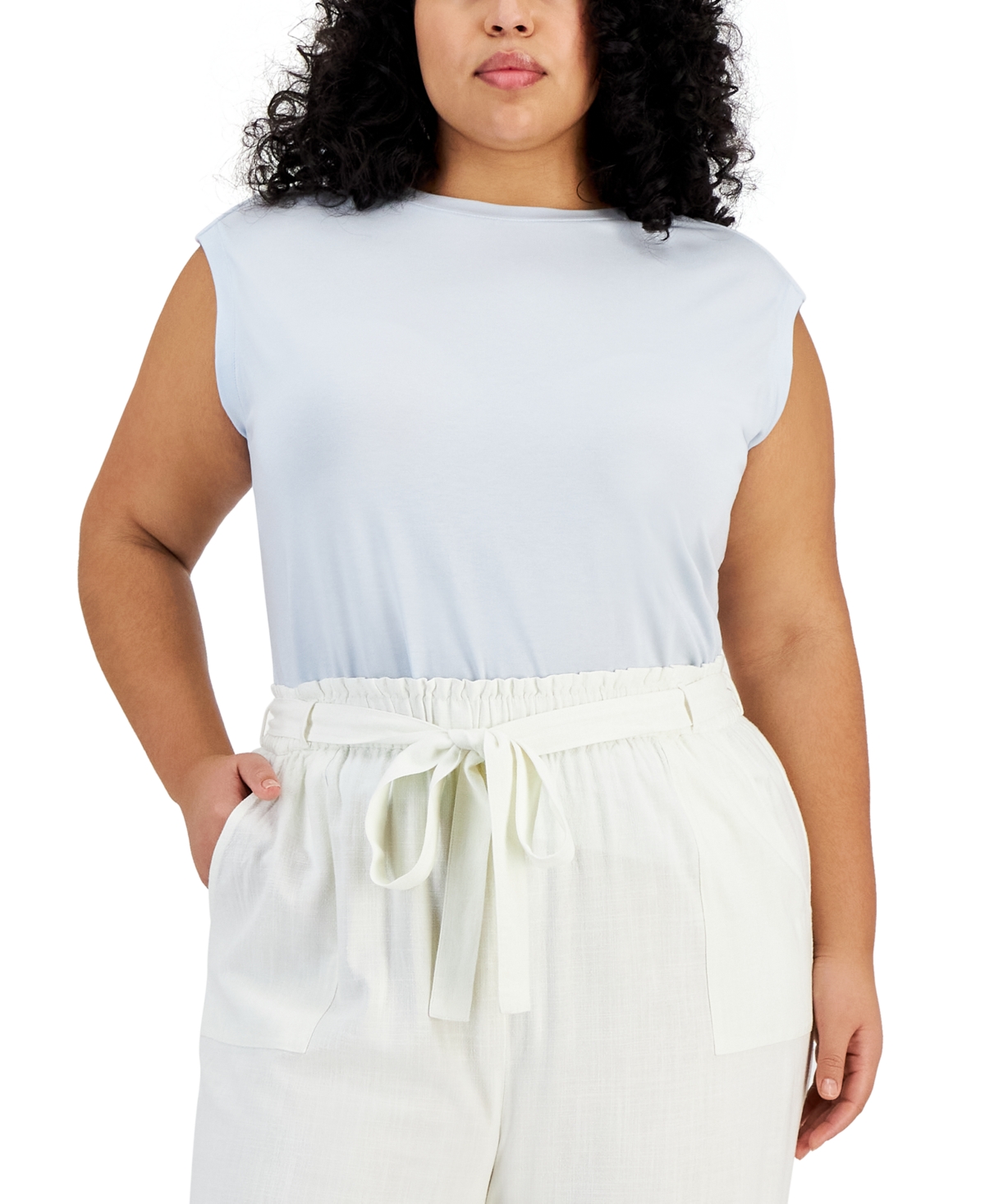 And Now This Trendy Plus Size Button-shoulder Boat-neck Top In Cool Dusk