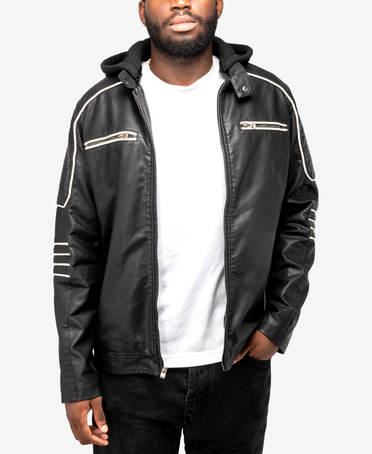 X-Ray Men's Grainy Polyurethane Moto Jacket with Hood and Faux Shearling Lining - White