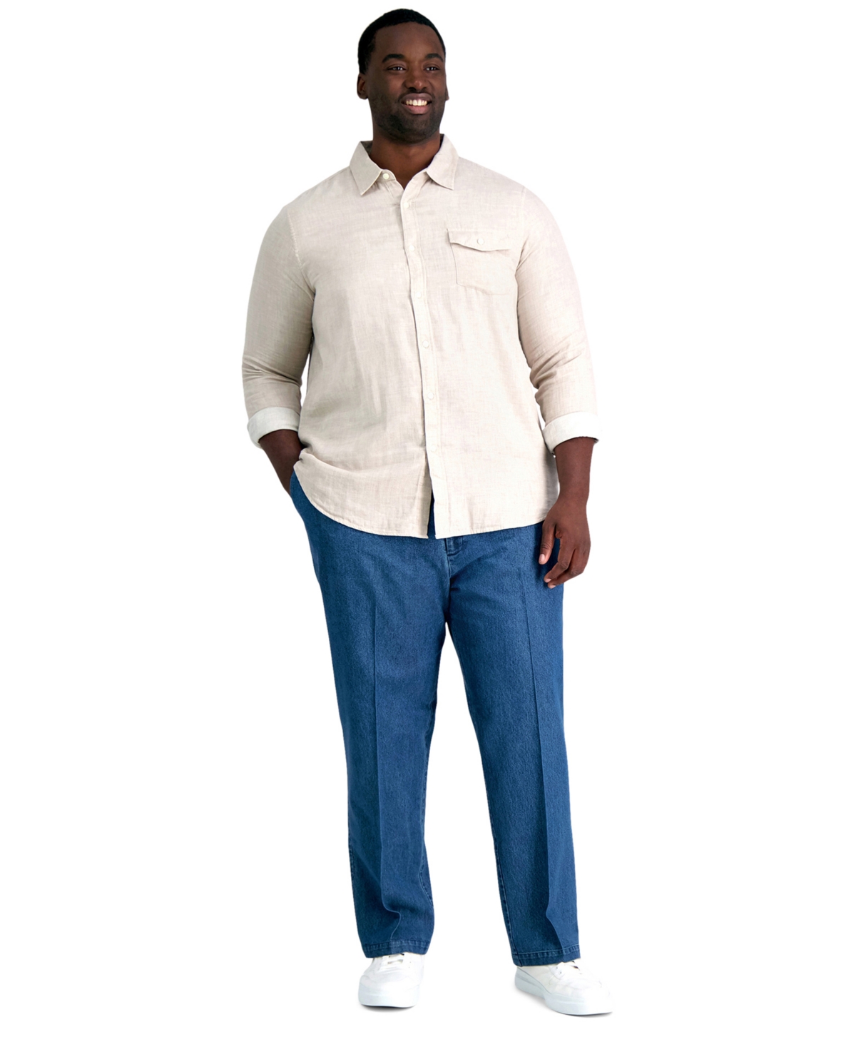 Men's Big & Tall Stretch Denim Classic-Fit Flat Front Pants - Med Stonewash