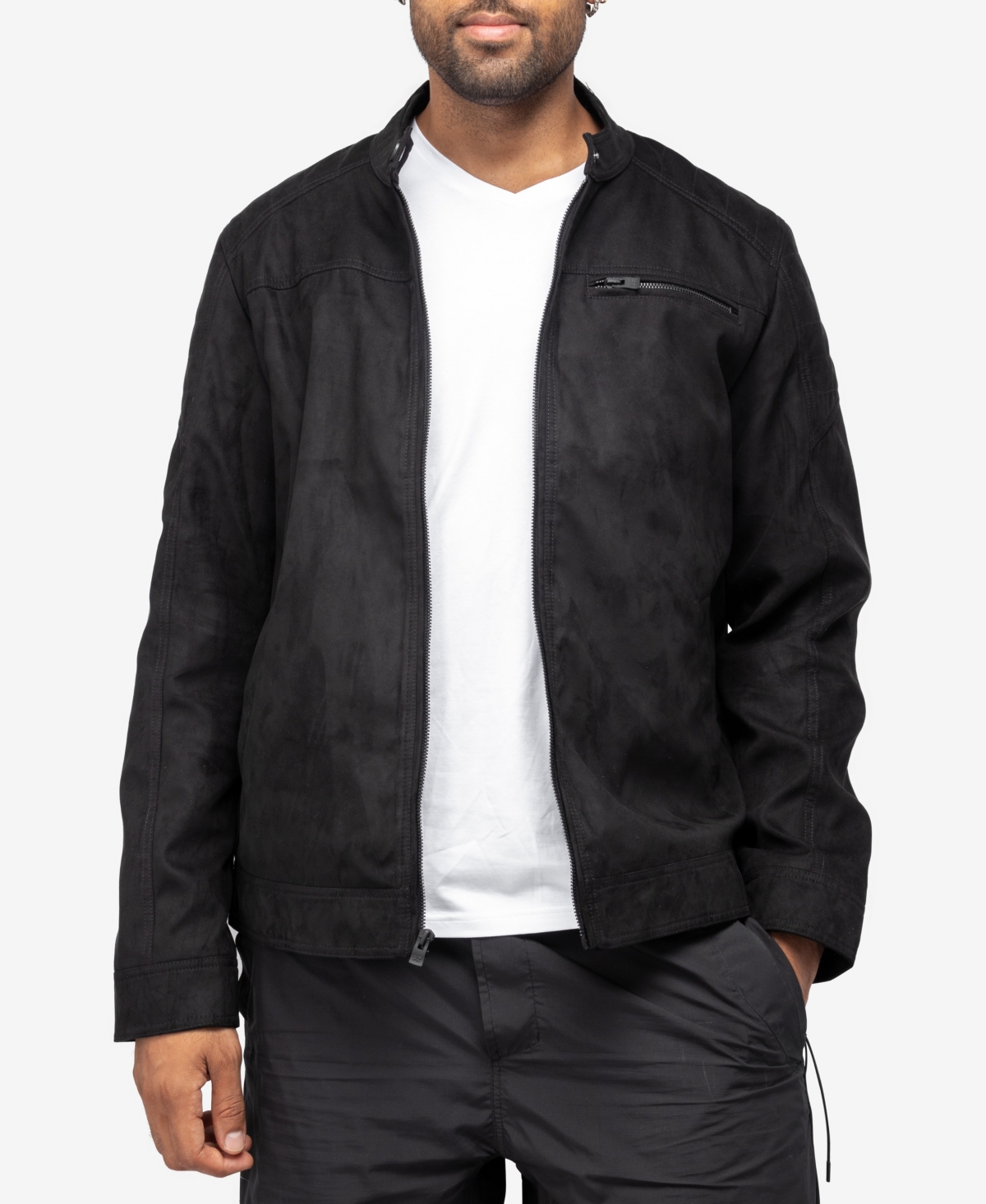 Men's Quilted Sleeves with Faux Shearling Lining Faux Suede Jacket - Olive