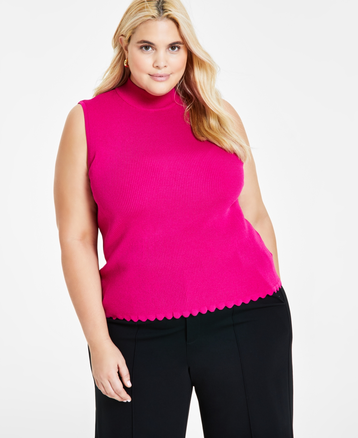 Bar Iii Plus Size Mock-neck Ribbed Scalloped-hem Top, Created For Macy's In Jazz Berry