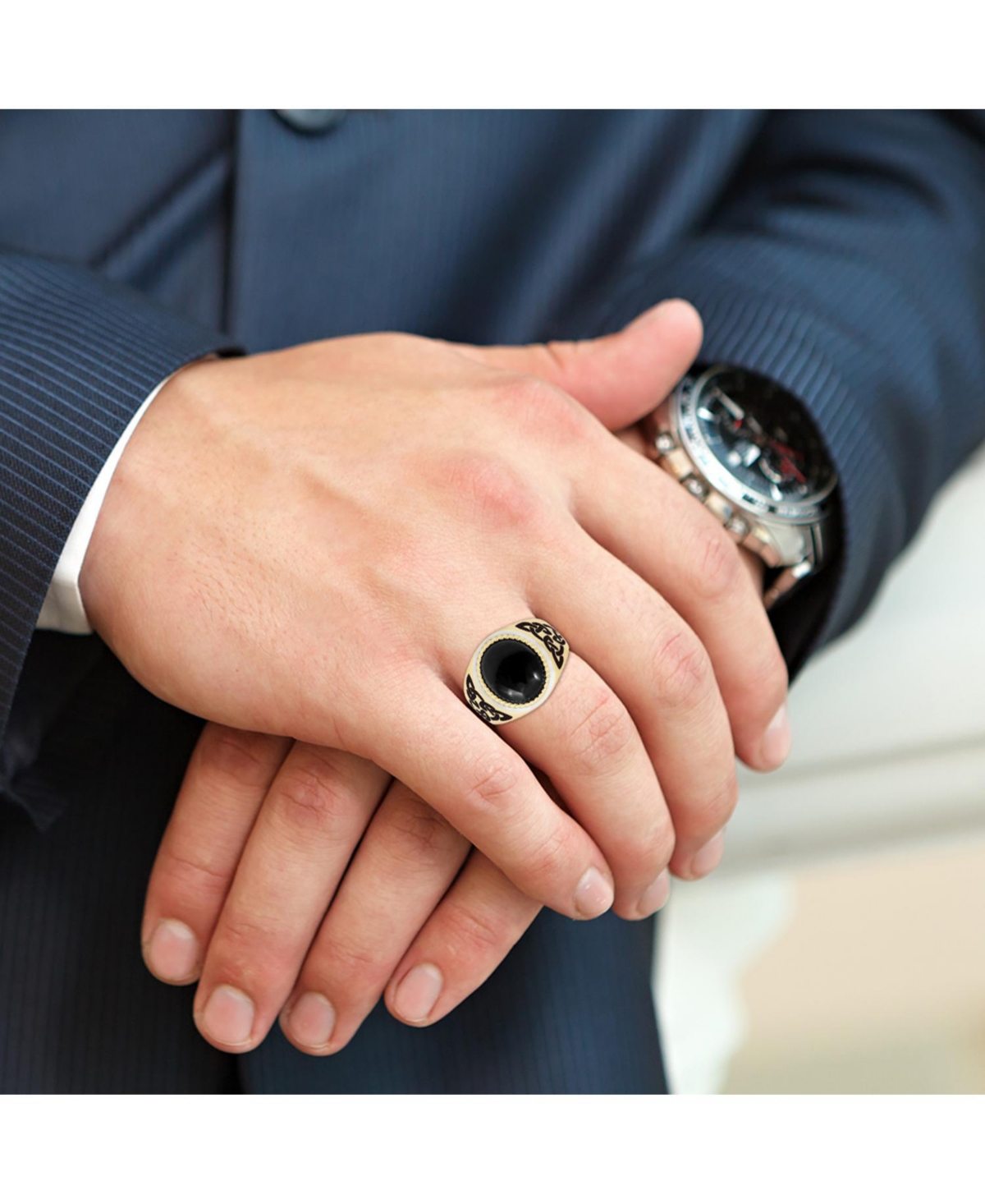 LuvMyJewelry Black Onyx GemstoneGold Plated and Enamel Sterling Silver Men Signet Ring - Yellow