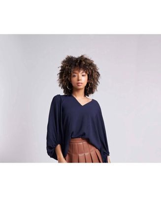 Women's Salem Oversized V-Neck Front Blouse with Balloon Sleeves and Elastic cuff